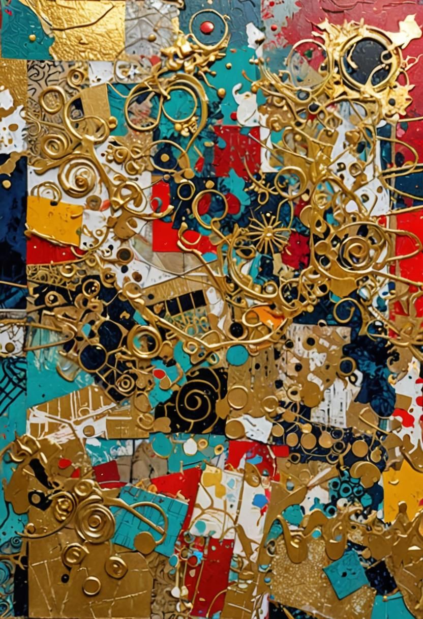 Abstract Expressionist Collage with Swirls and Gold Splashes