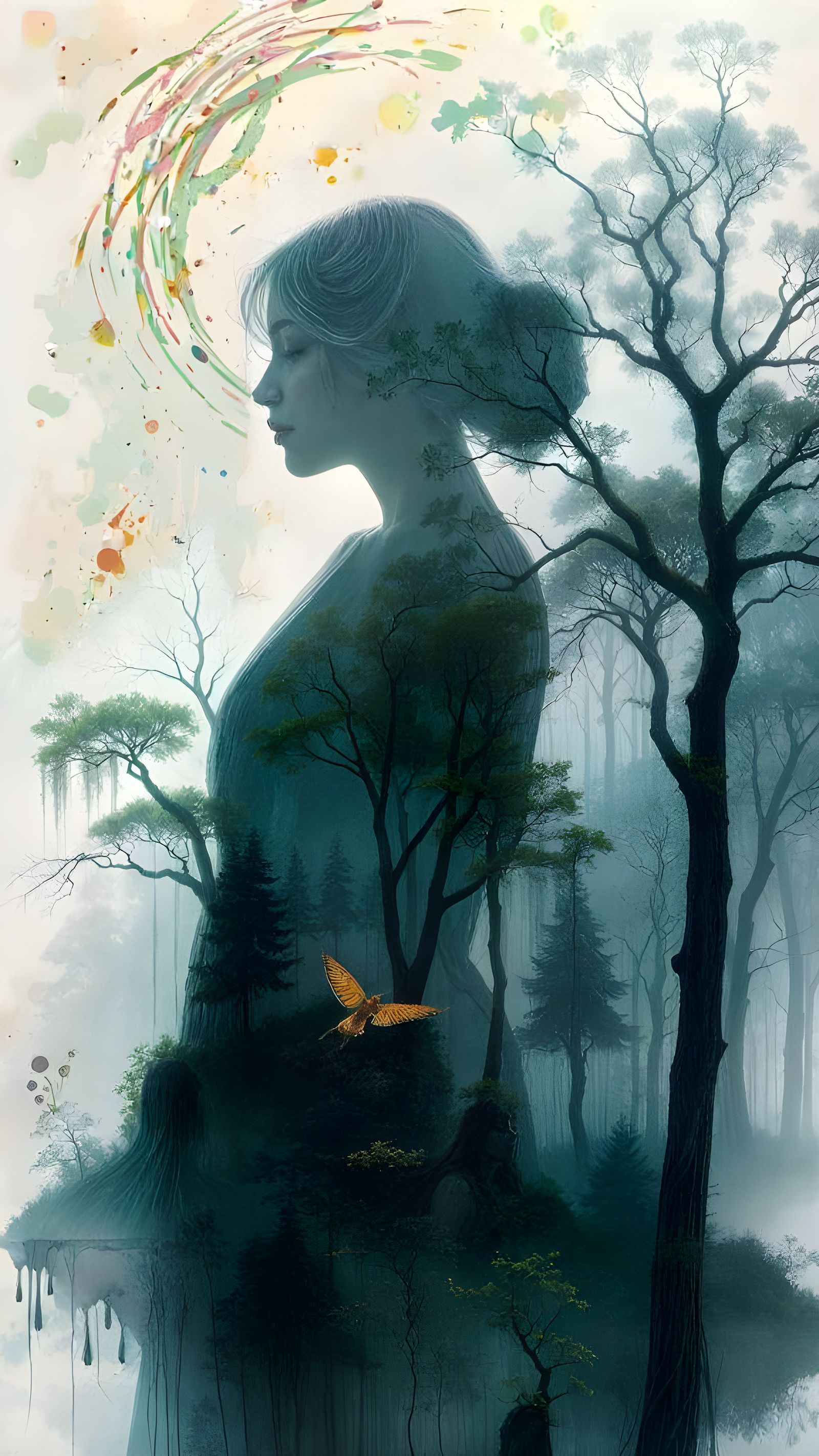 Ethereal Fusion of Woman and Forest in Vibrant Alcohol Ink