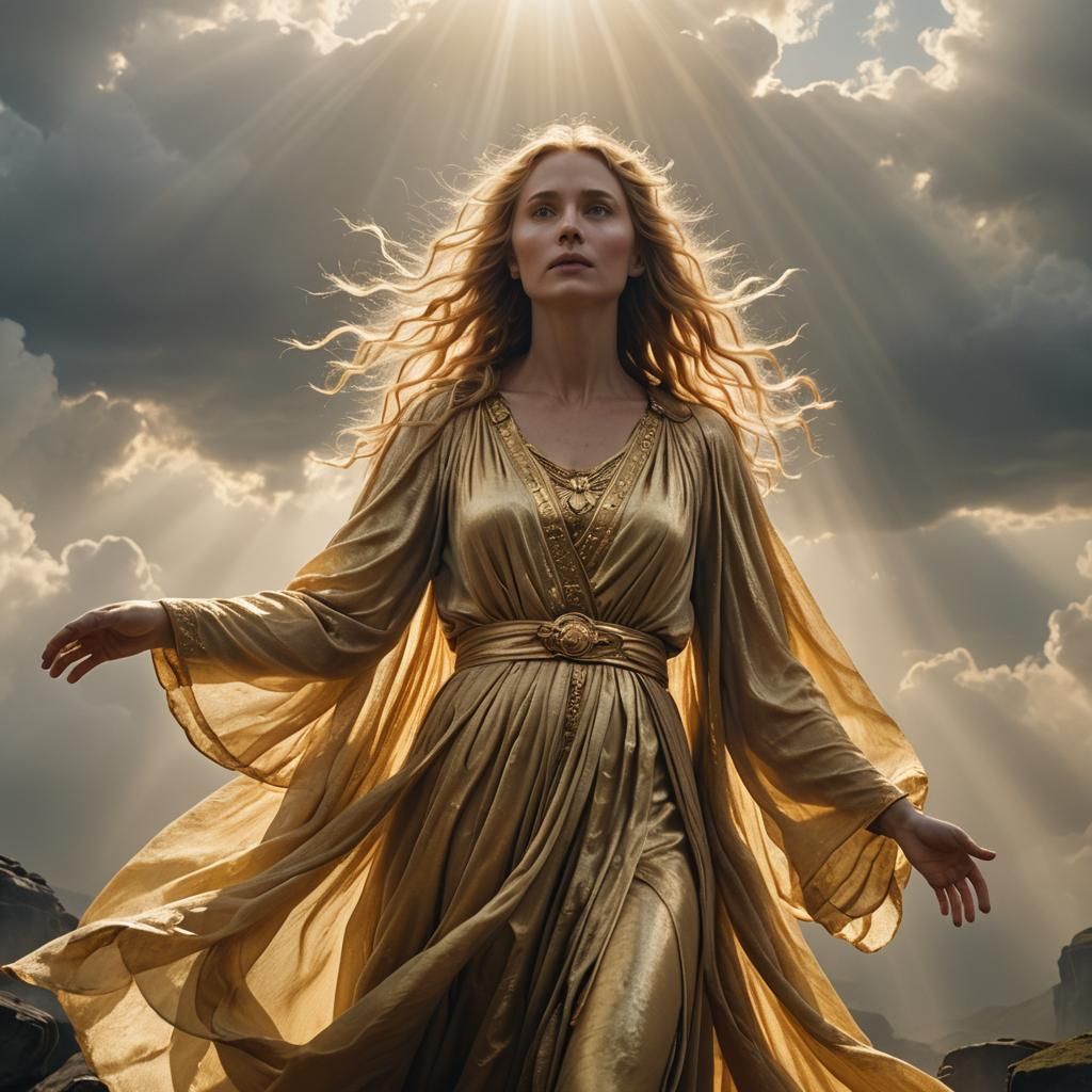 Golden Goddess Amidst Ethereal Clouds