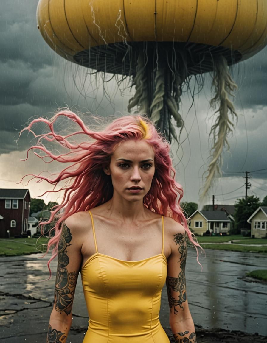 Futuristic Waterspout Scene with Tattooed Woman