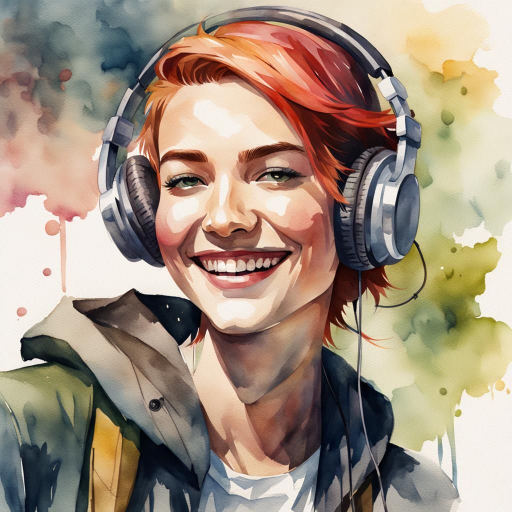 Happy Androgynous Person with Headphones: Watercolor Art