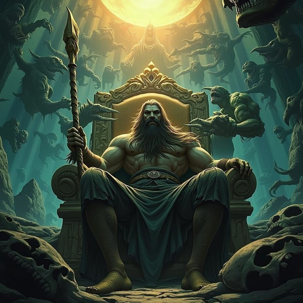 Man on Throne in Cave, Gothic Illustration