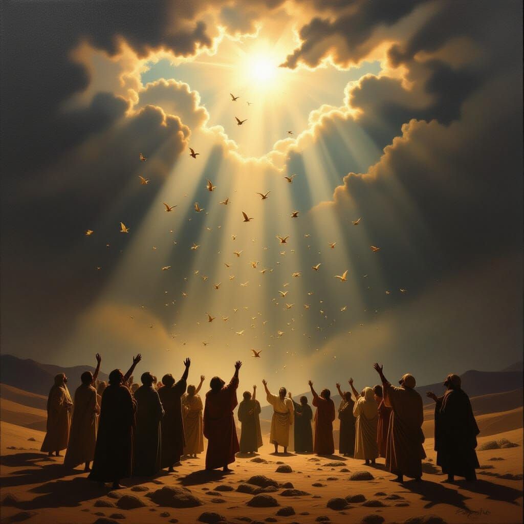 Divine Manna and Quails in Dramatic Desert Scene