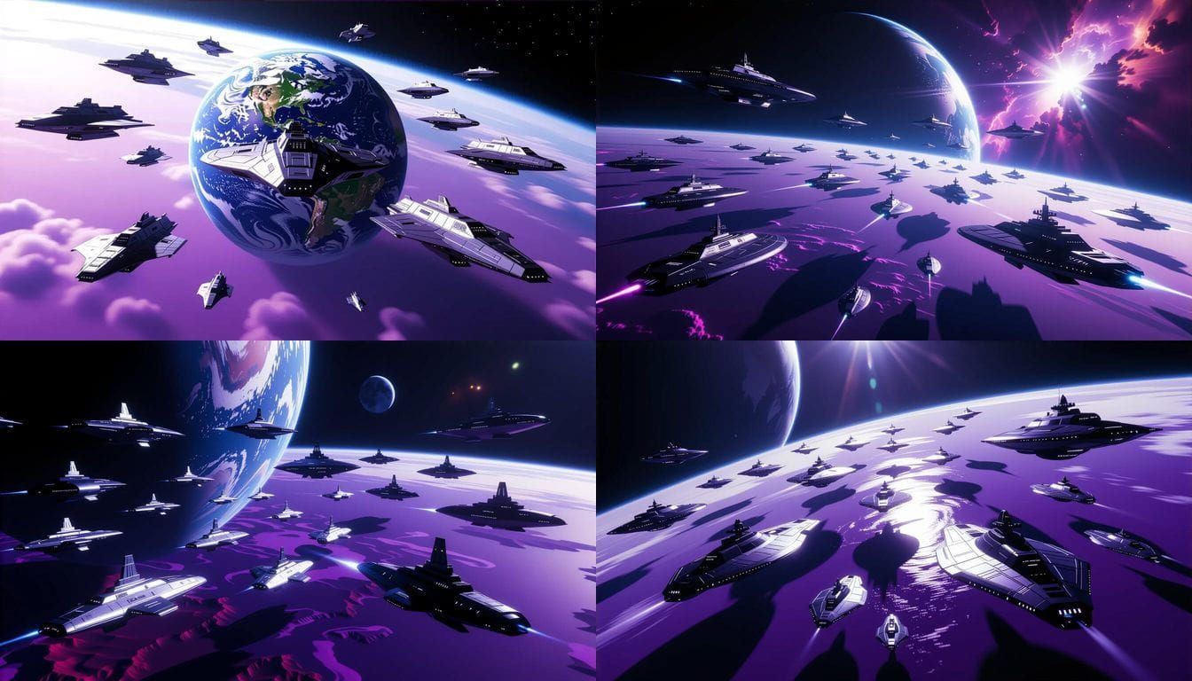 Alien Warships Orbiting Earth-Like Planet with Violet Seas