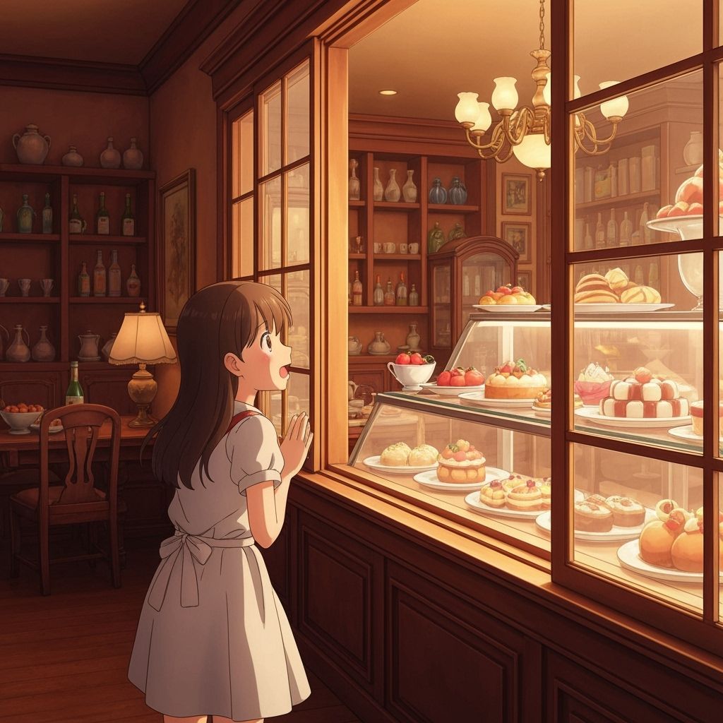 Girl Amazed by Italian Shop Delicacies in Ghibli Style