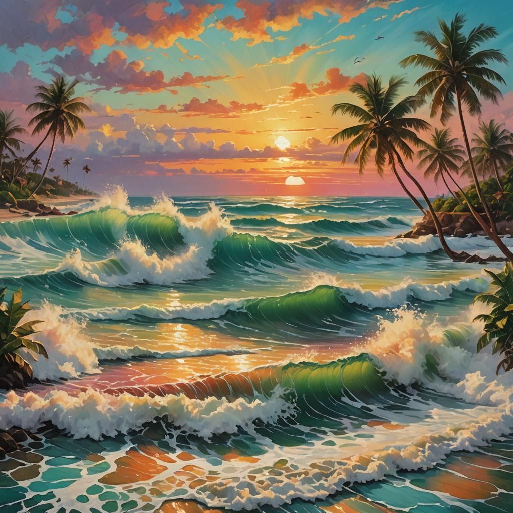 Vibrant Sunset Over Ocean in Digital Art Style