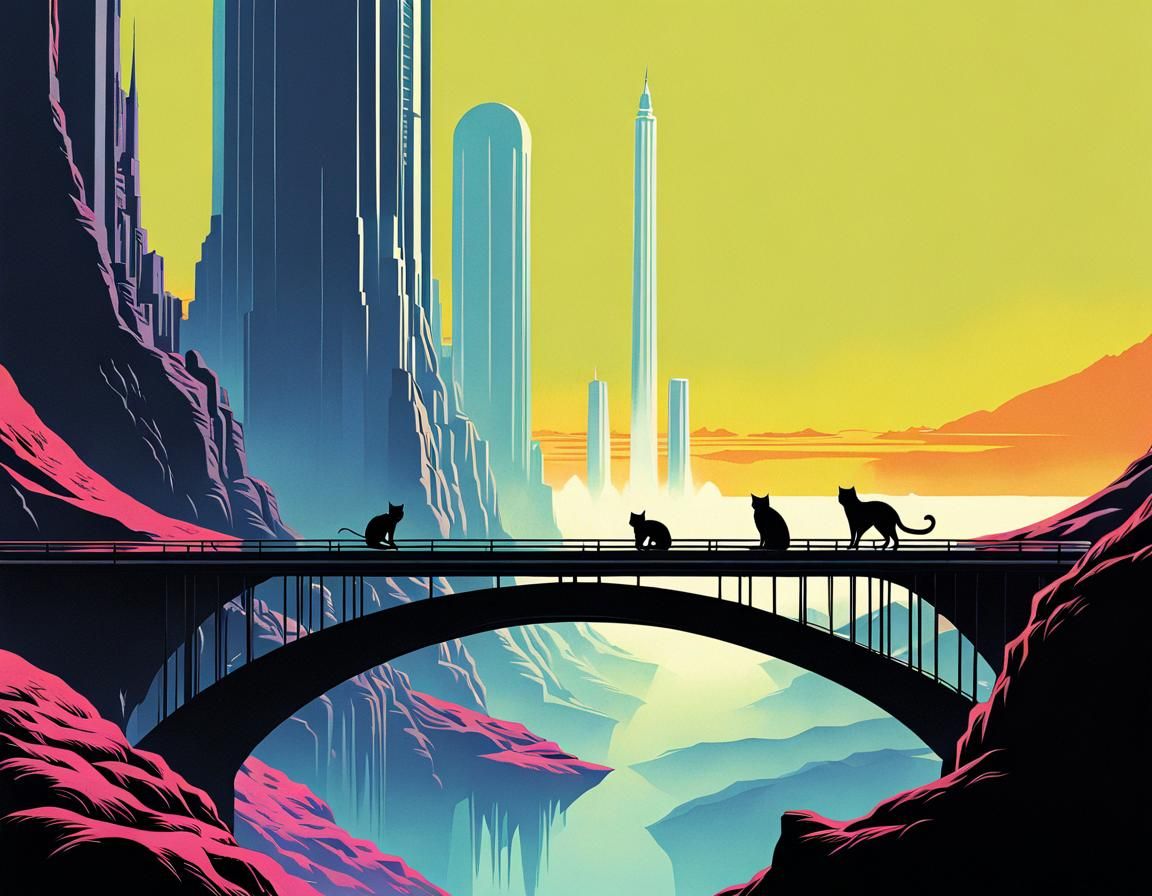 Surreal Bridge Cats in Art Deco Style