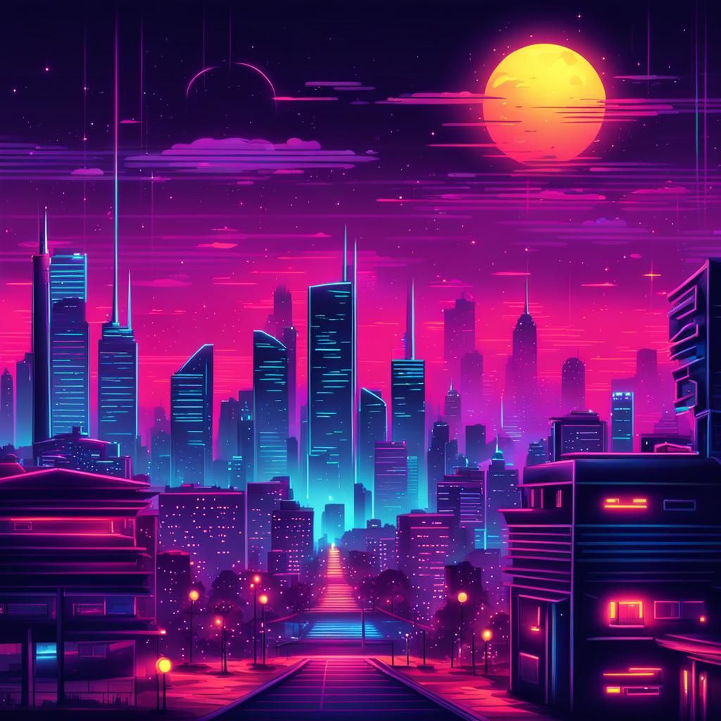 Neon Cityscape at Night in Synthwave Style