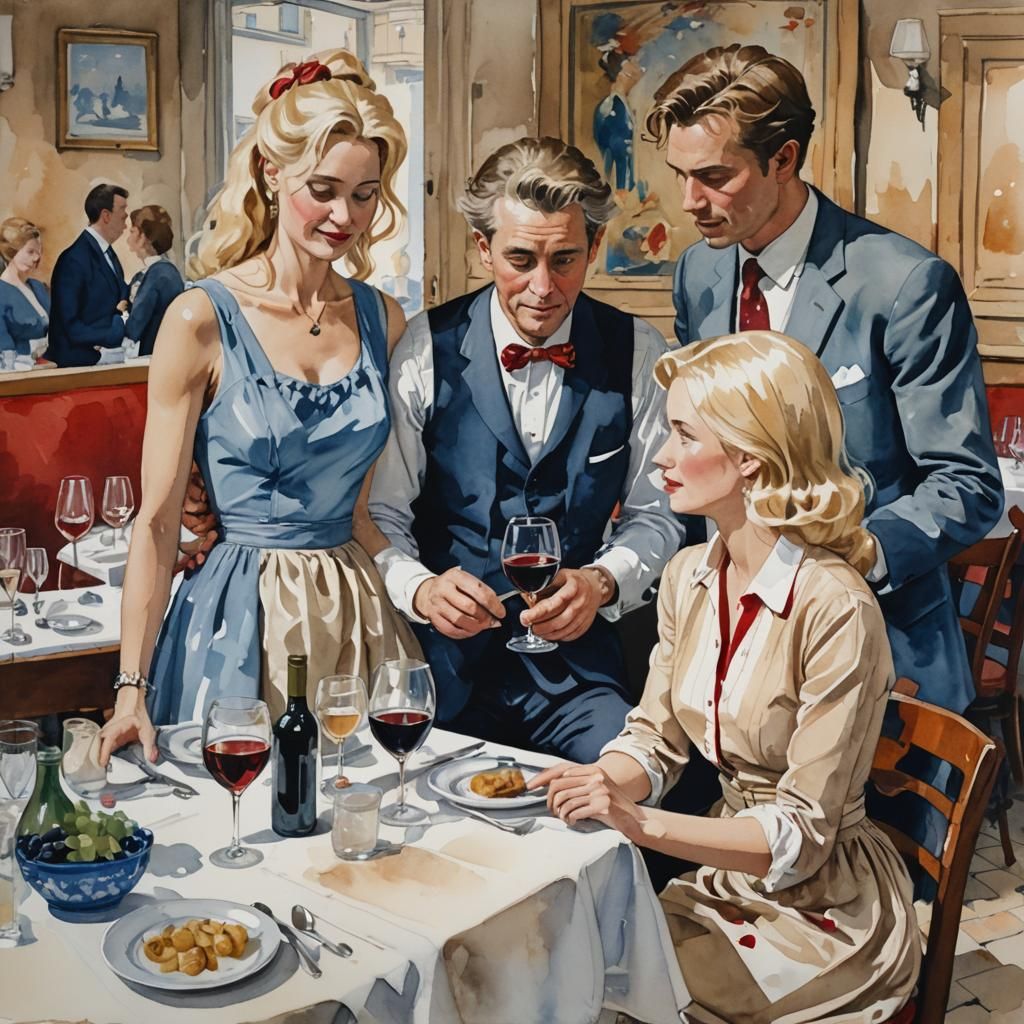 Gouache Painting of Couple at Restaurant