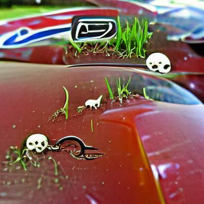 Surreal Datsun 240z Scene with Skulls and Gecko