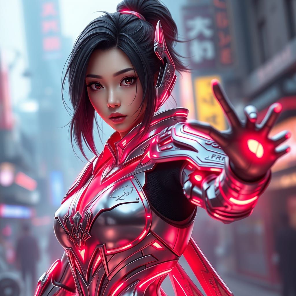 Cyberpunk Korean Warrior in Futuristic Armor