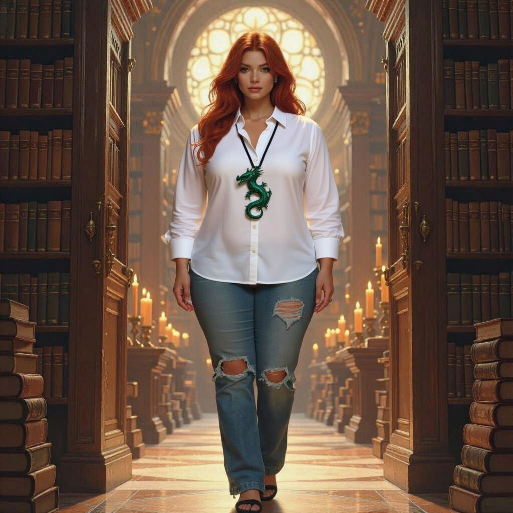 Redhead in Library, Art Nouveau Anime Style