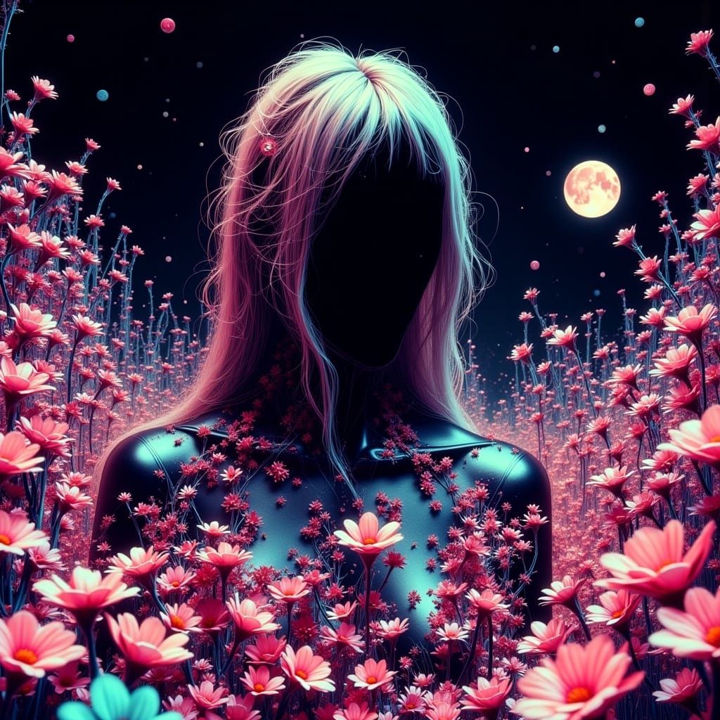 Slenderman blurred bright vaporwave blur blacked out face, full length portrait night garden glitch grainy retro cassett...