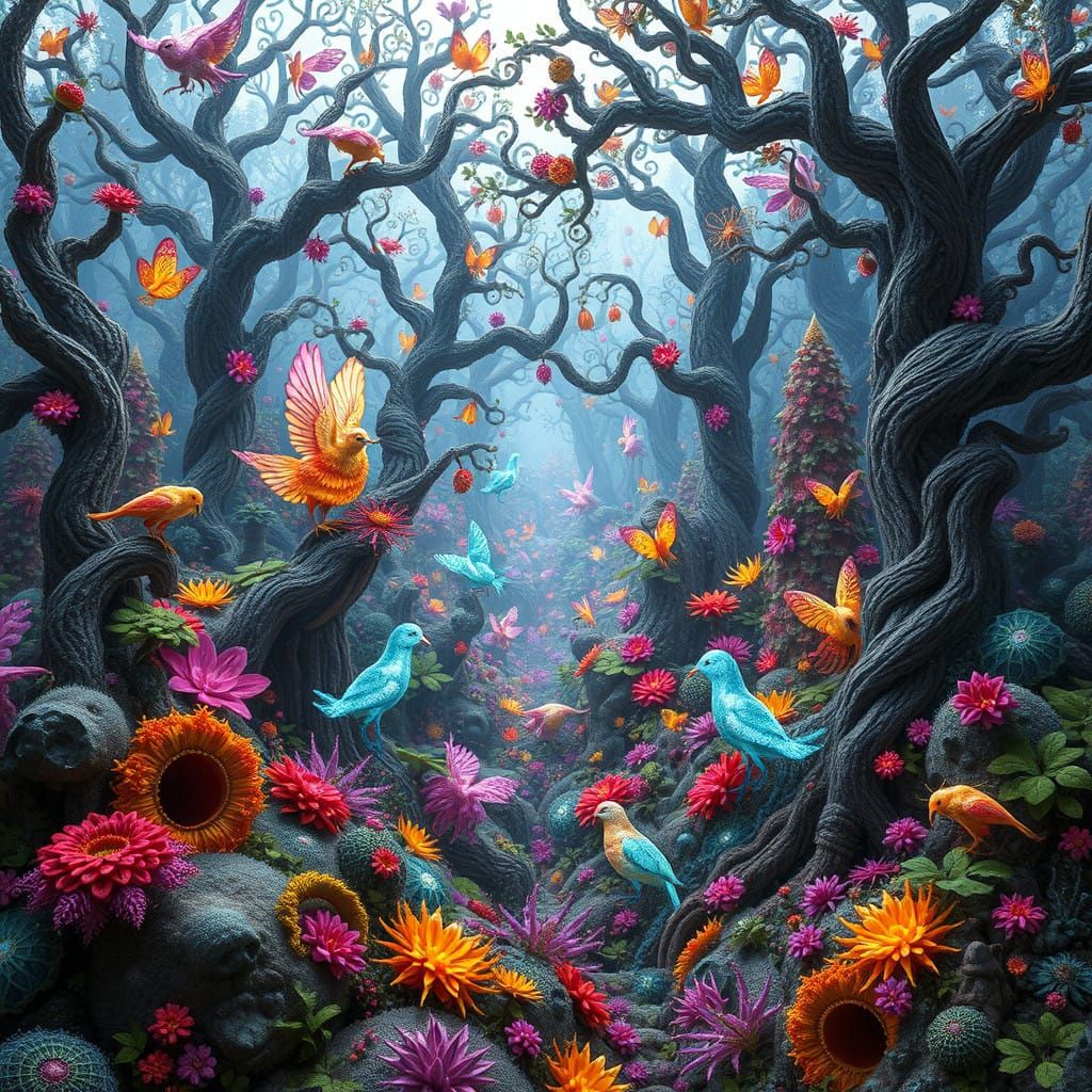 Whimsical Woolen Forest Teeming with Fantastical Creatures
