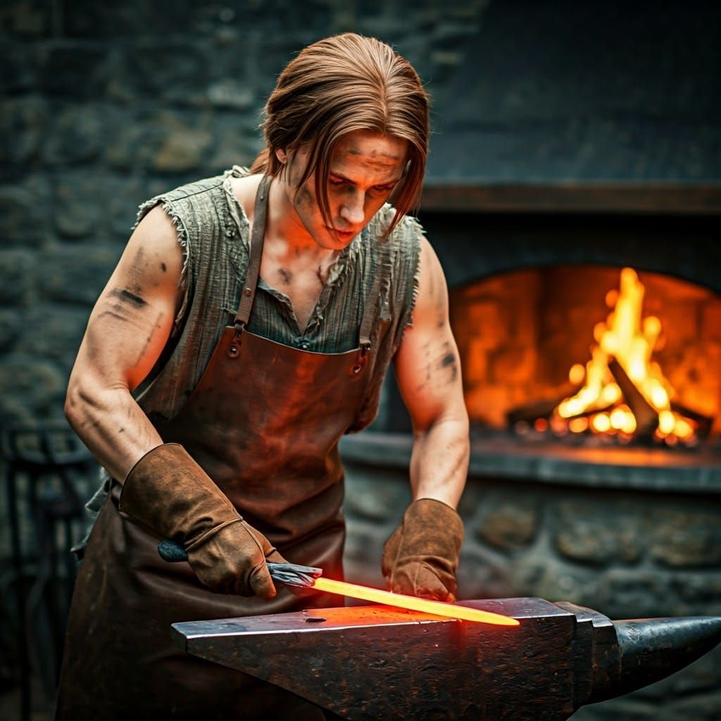 Blacksmith Forging Claymore Sword in Dark Fantasy Style