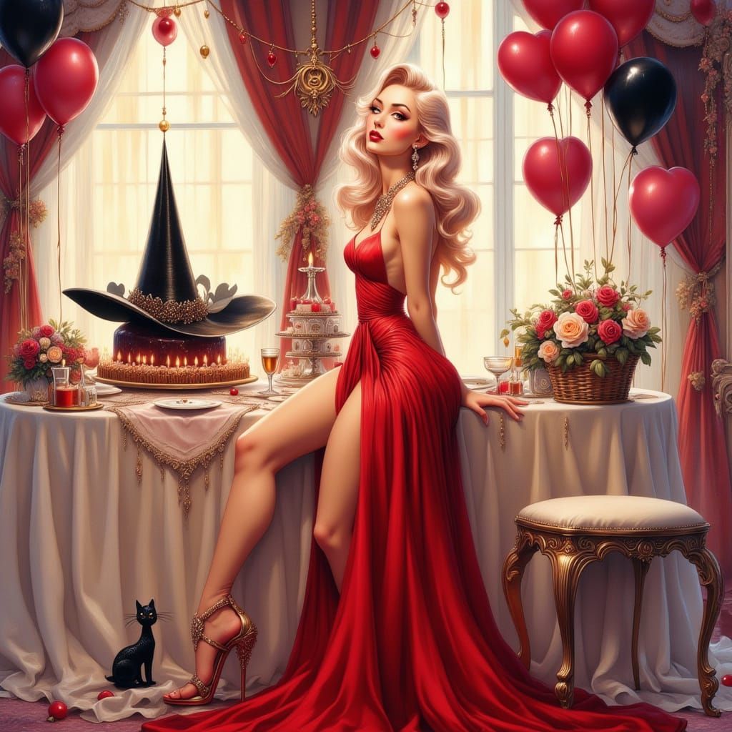 Beautiful Elf Woman in Red Gown at Birthday Party