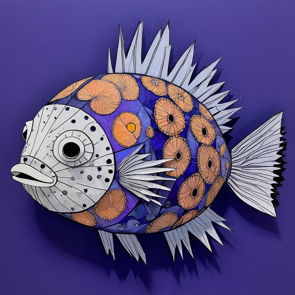 3D Puffer Fish in Mixed Media Collage Style