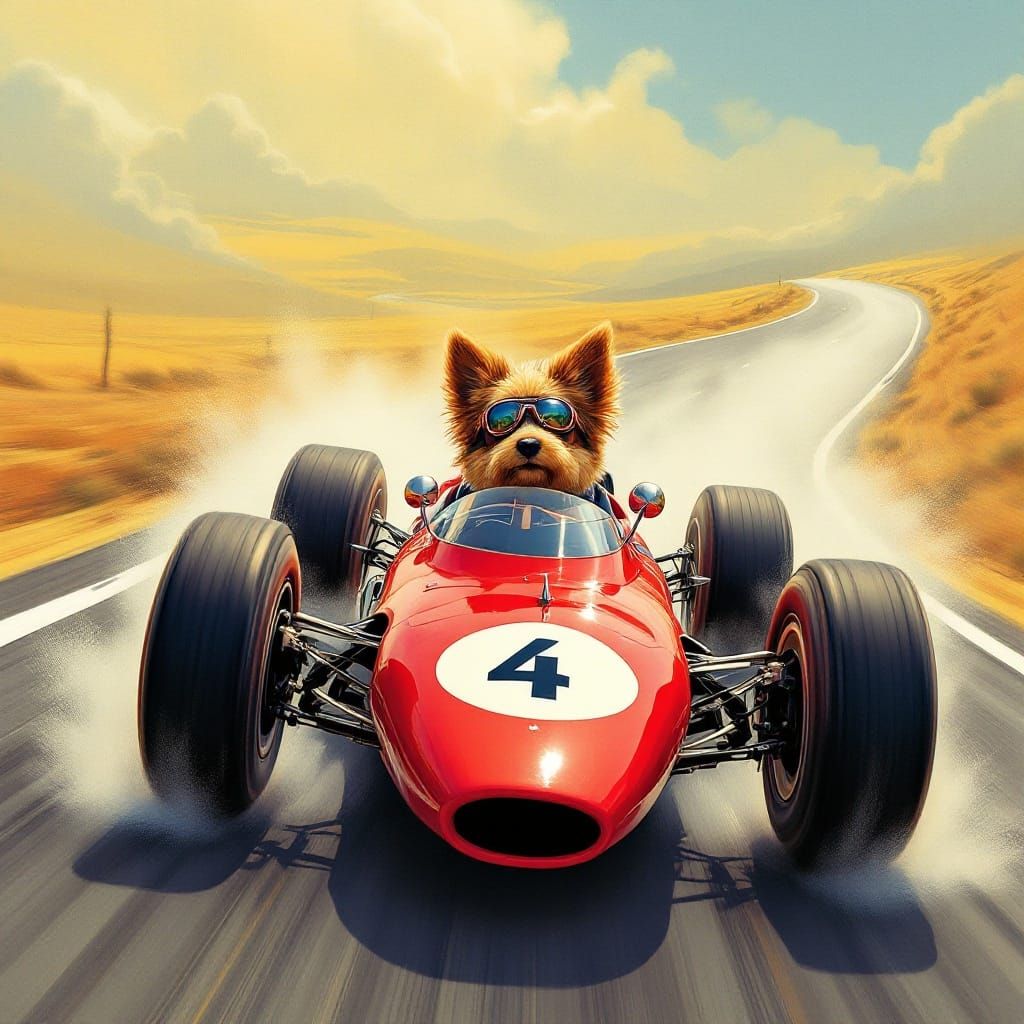Vintage Futuristic Dog Racer Speeds Down Winding Road