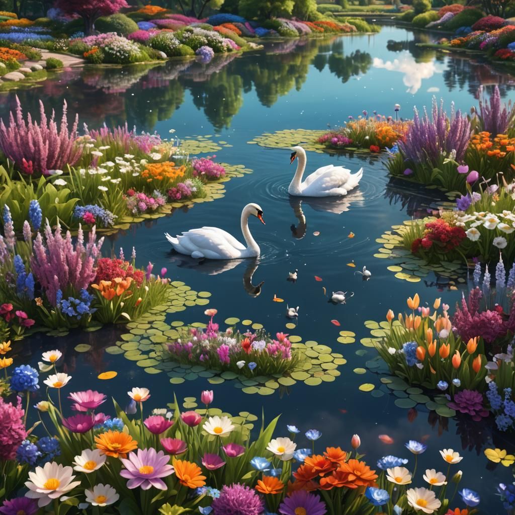 Swan Couple in Magical Pond: Fantasy Concept Art