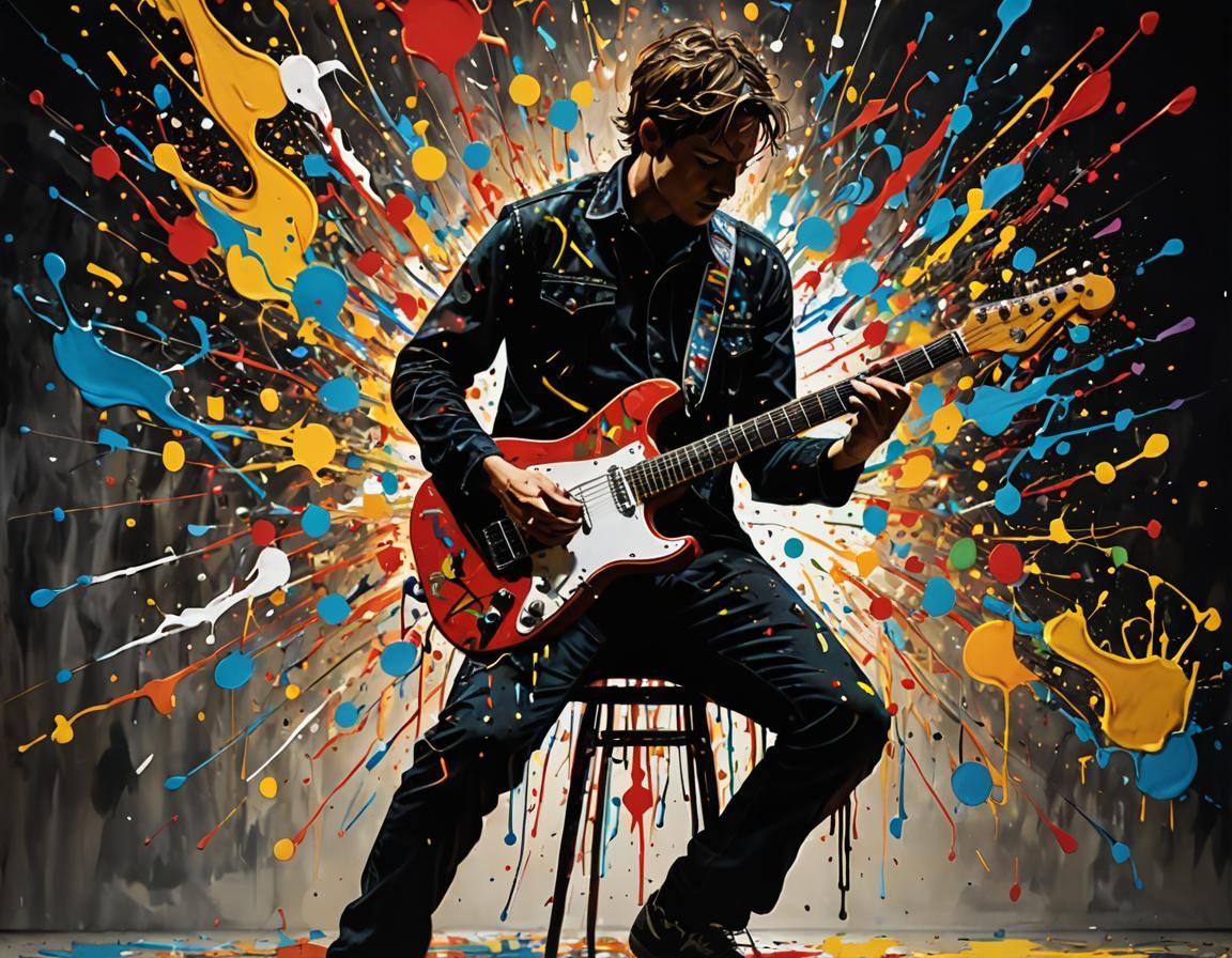 Energetic Guitarist in Drip Painting Style