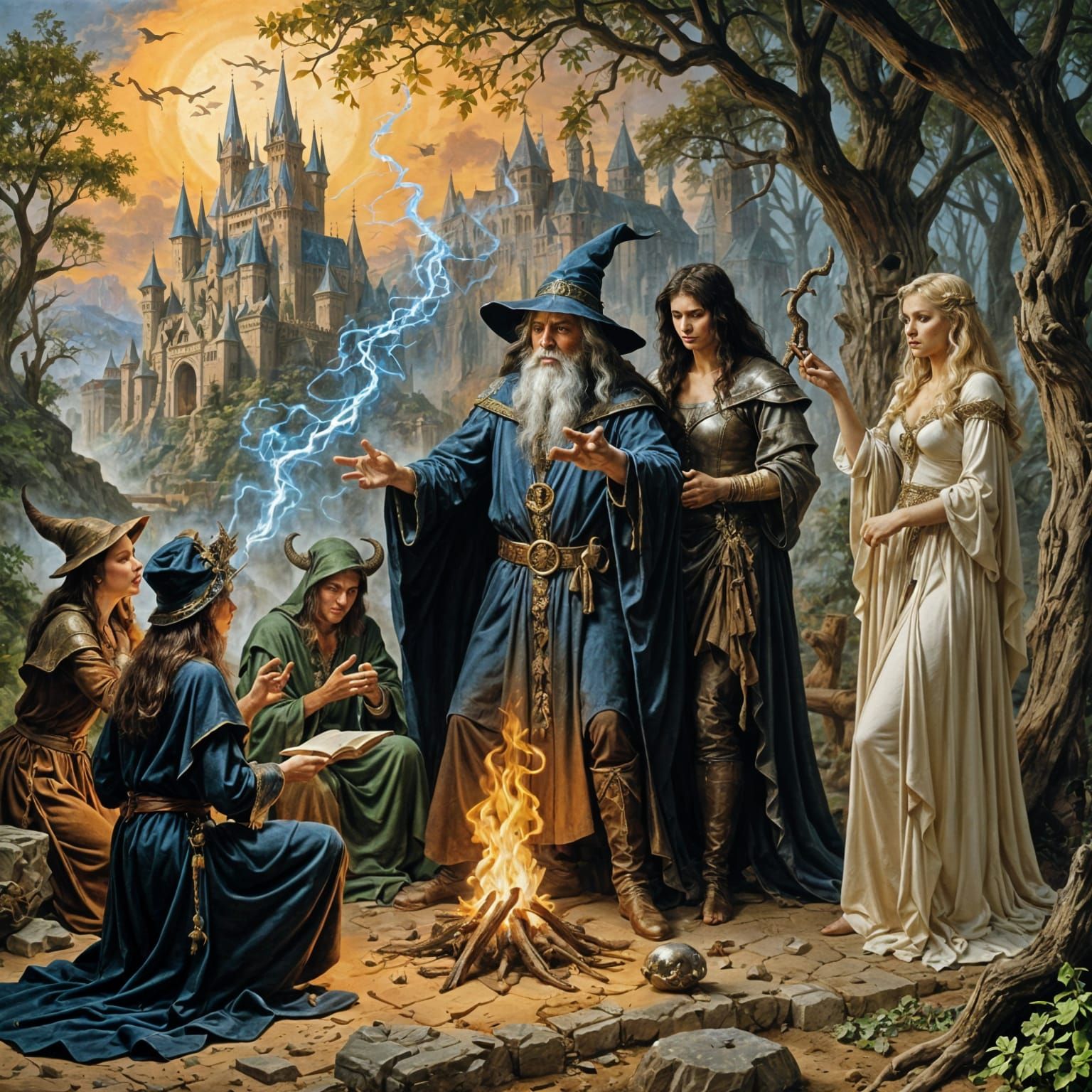 Medieval Plague Wizard teaching his class of nymphs how to c...