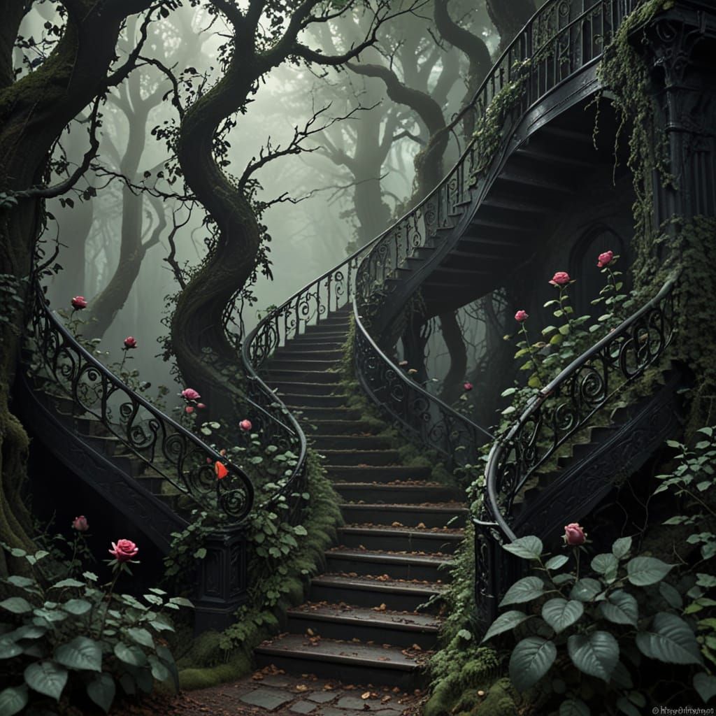 Eldritch Forest Stairway with Black Rose