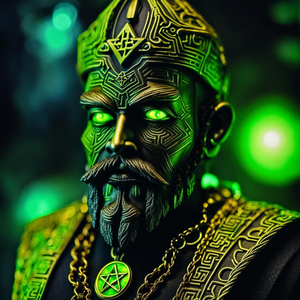 Sinister Anunnaki Figure with Glowing Neon Eyes