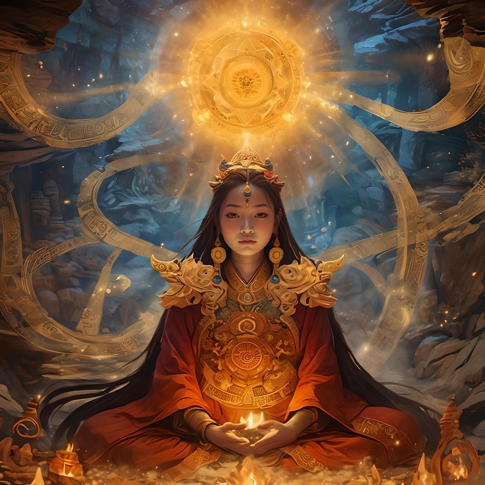 Tibetan Lama Girl Meditating in Mystic Cave