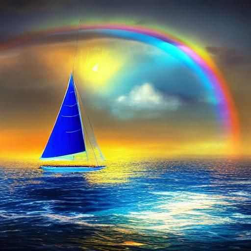 Rainbow Sea Blue Sailboat: Crystalline Digital Art
