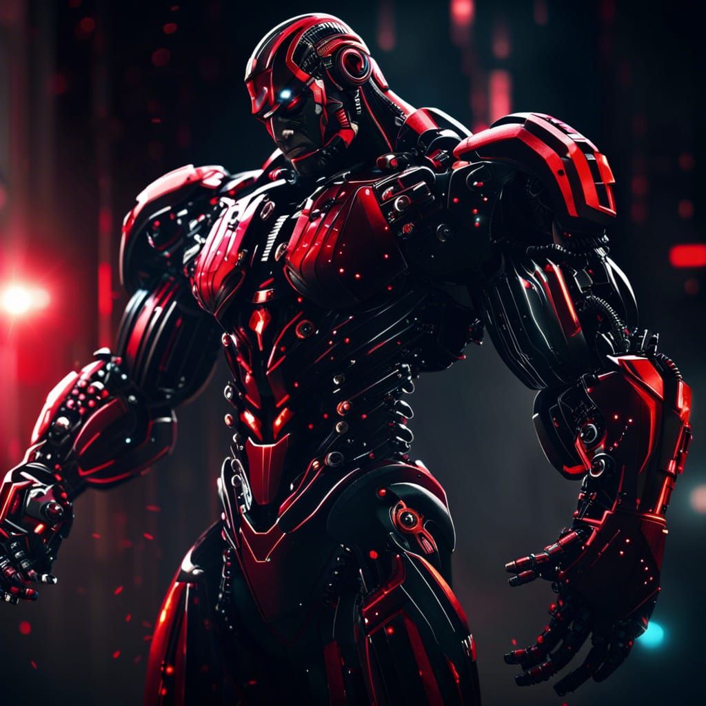 Muscular Red and Black Android Bodybuilder Concept Art