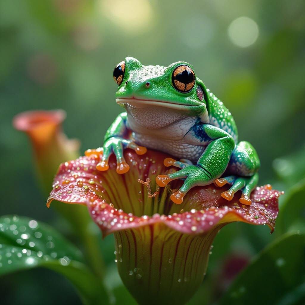 Emerald Tree Frog on Pitcher Plant in 8k