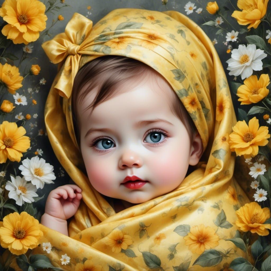 Watercolor Baby in Yellow Swaddle with Flowers