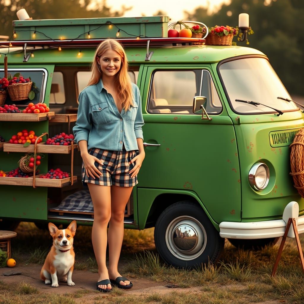 Farm Woman & VW Van Produce Stand with Corgi