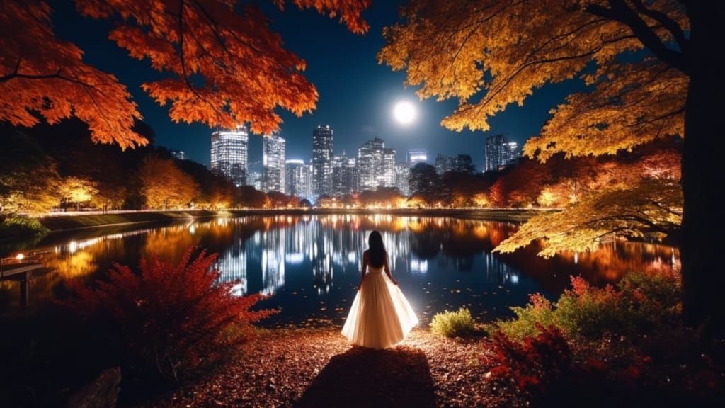 Autumn Moonlit Japanese Garden With Woman in White Dress