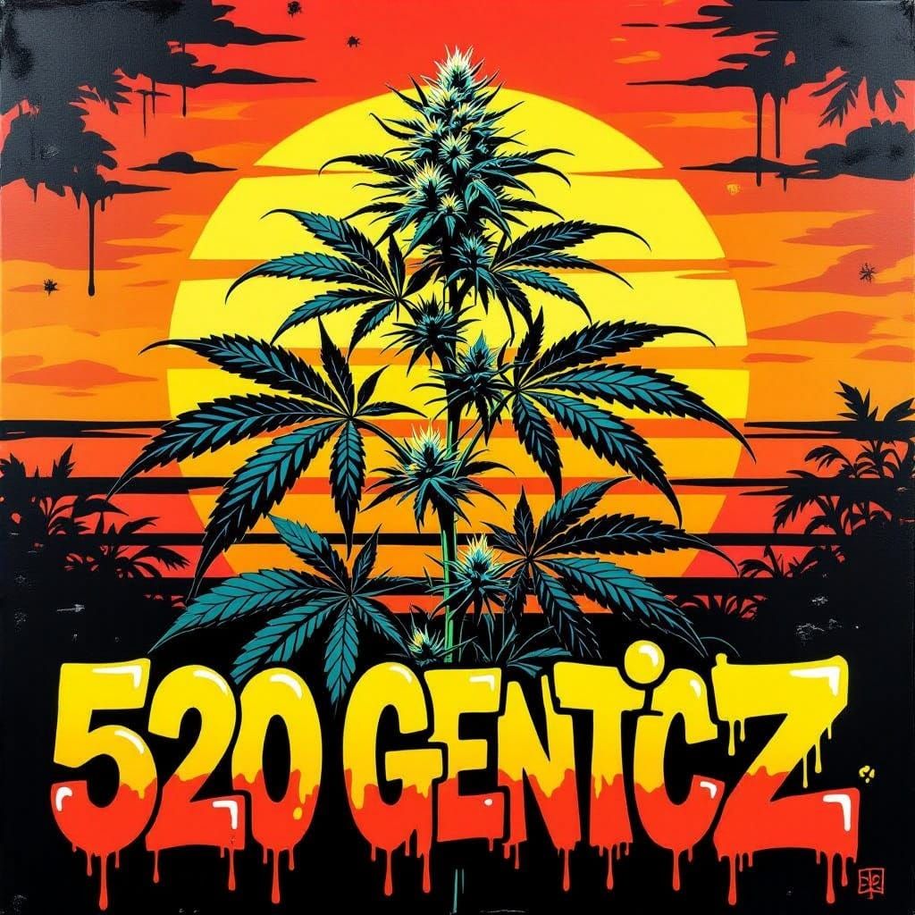 Vibrant 80's Street Art of Cannabis Plant in Tropical Sunset