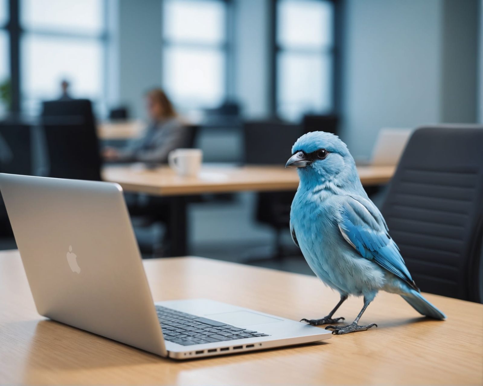Light Blue Bird on Laptop in Office