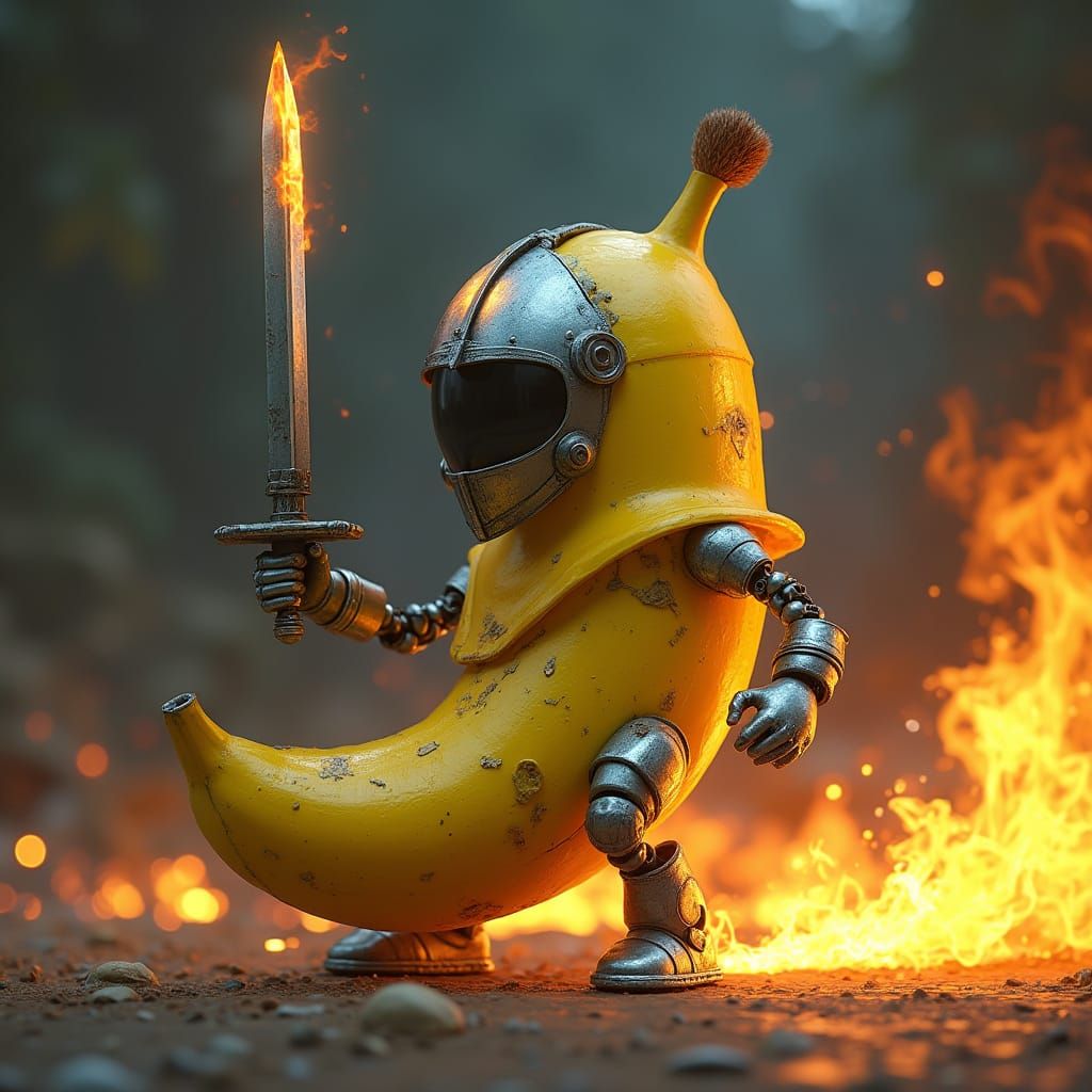 Futuristic Banana Robot Unleashes Fire in Epic Battle