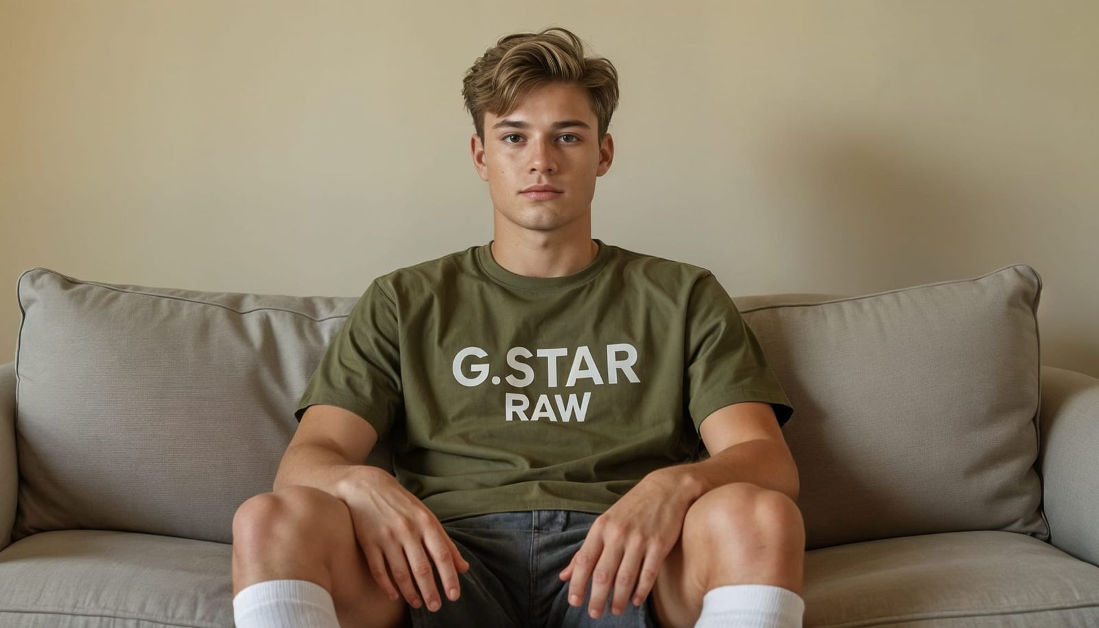 Young Man in Olive Green T-Shirt on Gray Couch