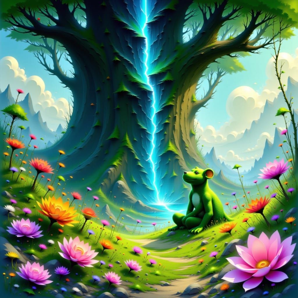 Whimsical Moss Critter in an Ethereal Landscape