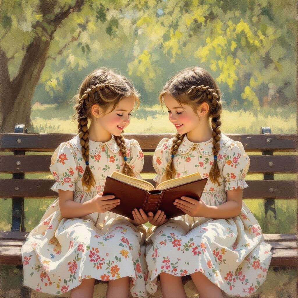 Girls Reading on Park Bench, Impressionist Style