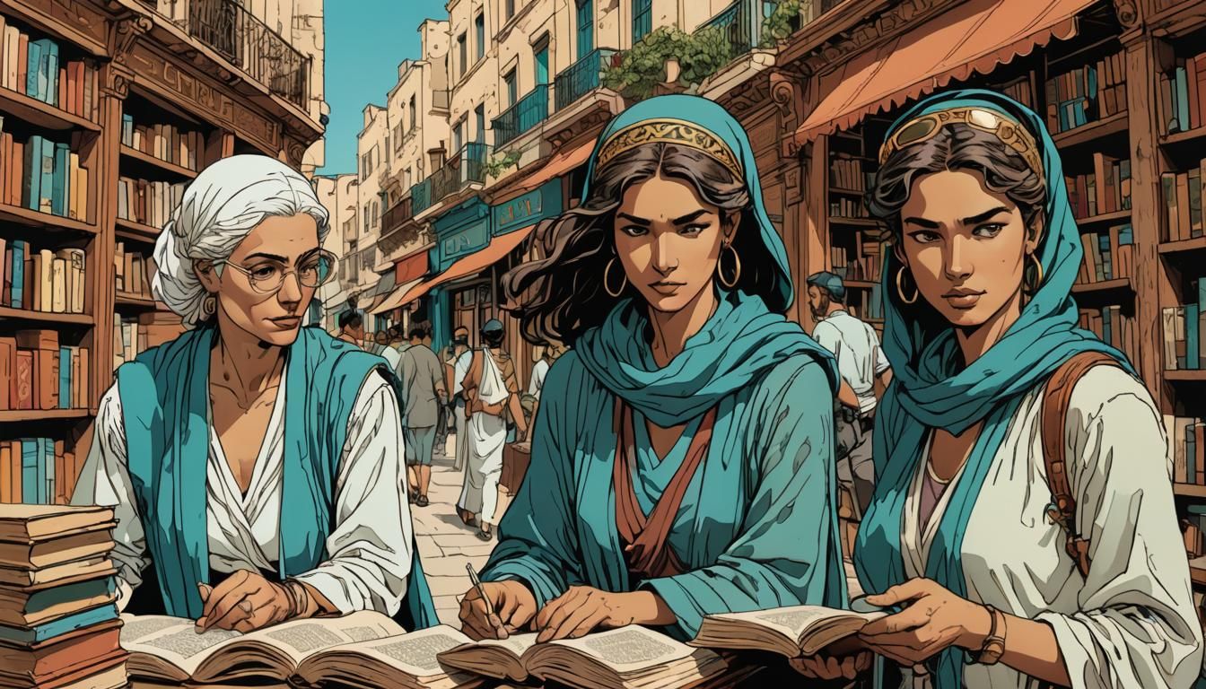 Greek Women in Middle Eastern Market, Moebius Comic Style