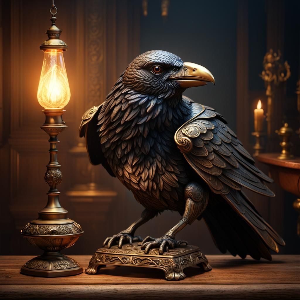 Antique Bronze Raven Lamp with Flame, Detailed Matte Paintin...