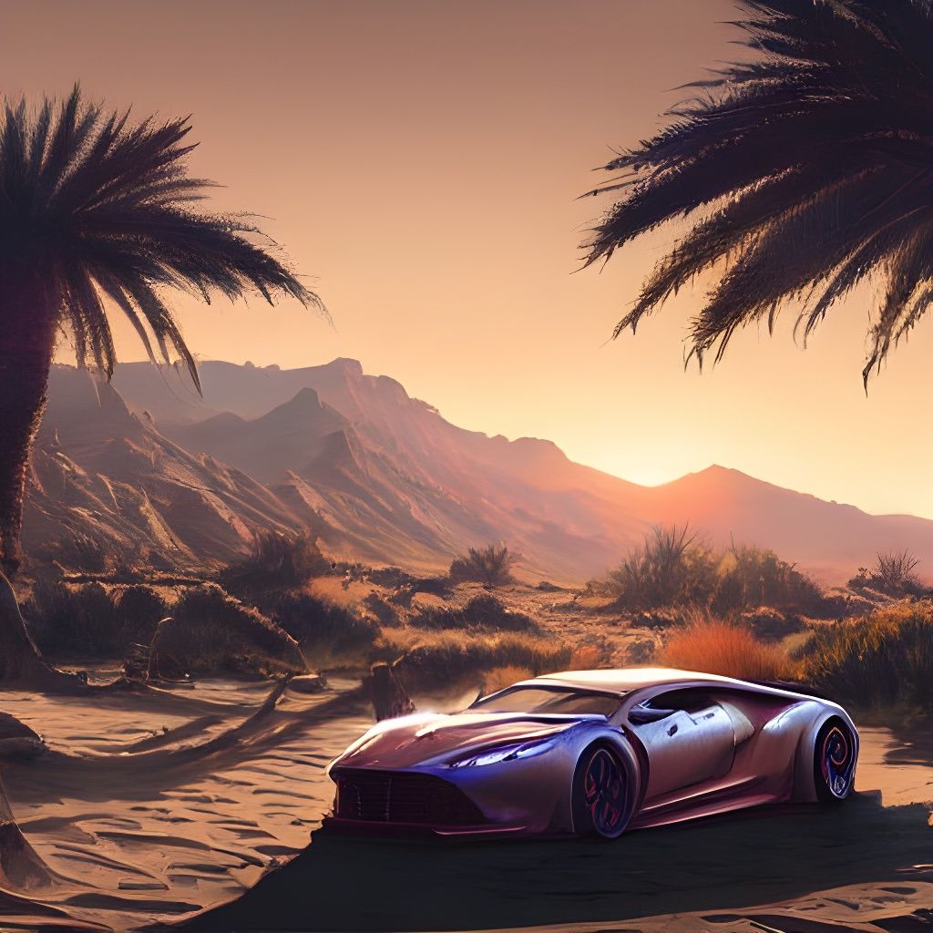 Super Car in Desert Oasis, Fantasy Art