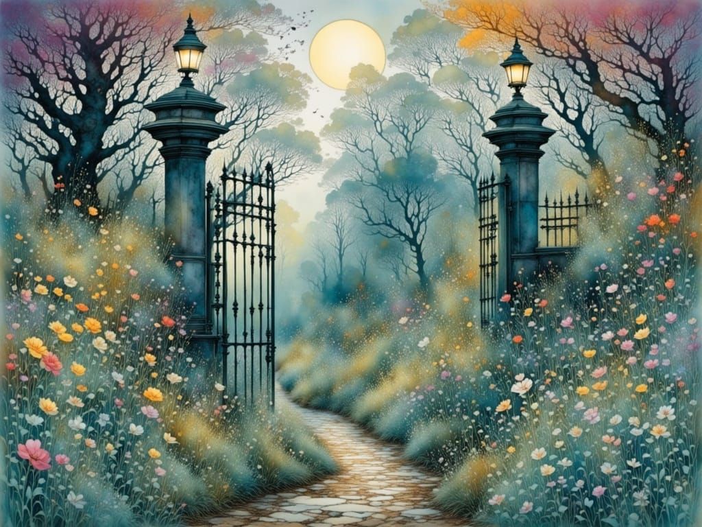 Enchanting Garden Scene with Cozy Seating in Soft Evening Li...