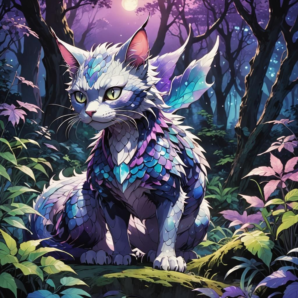 Dragon Cat in Mystical Forest: Anime Manga Art