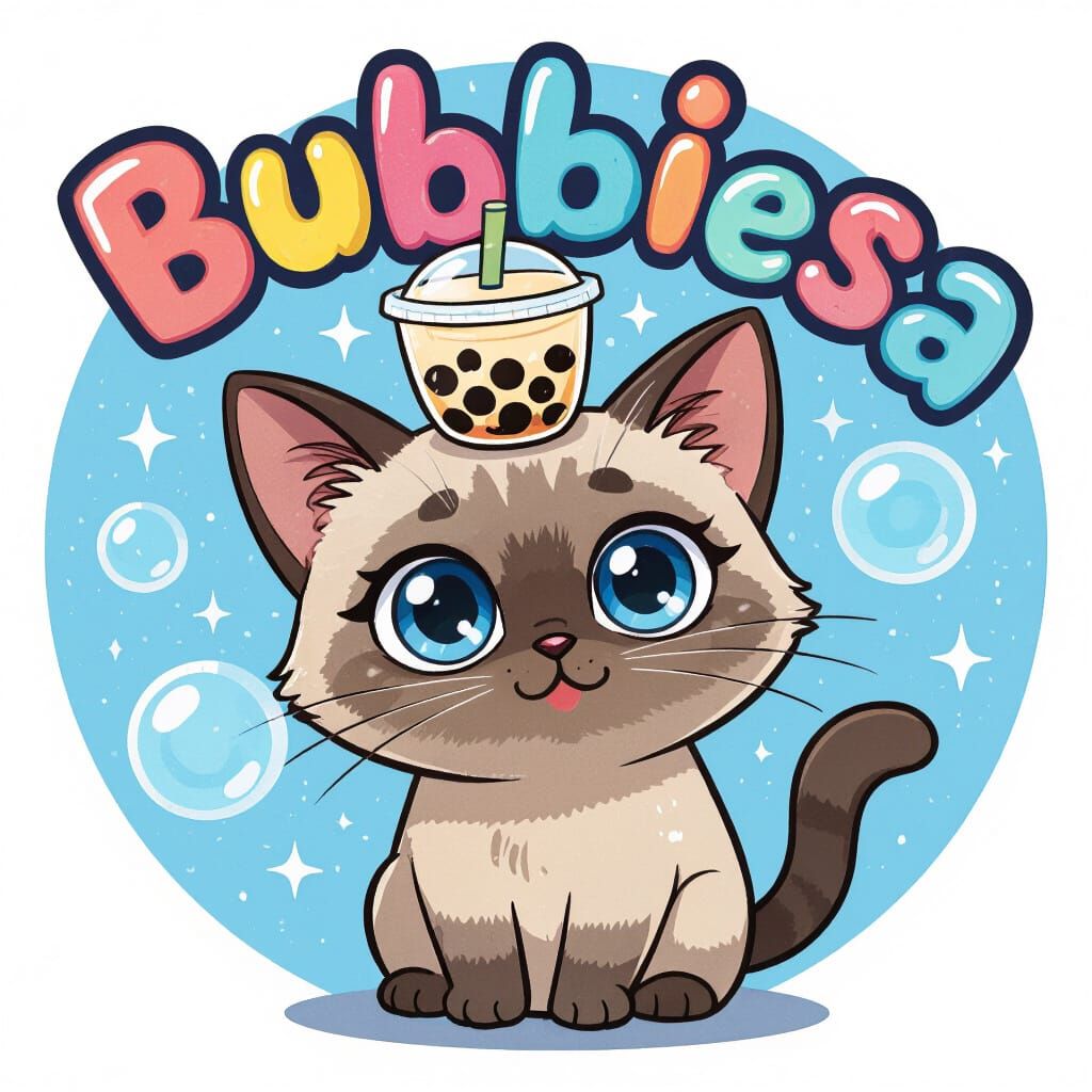 Cute Siamese Cat with Boba Tea on Head