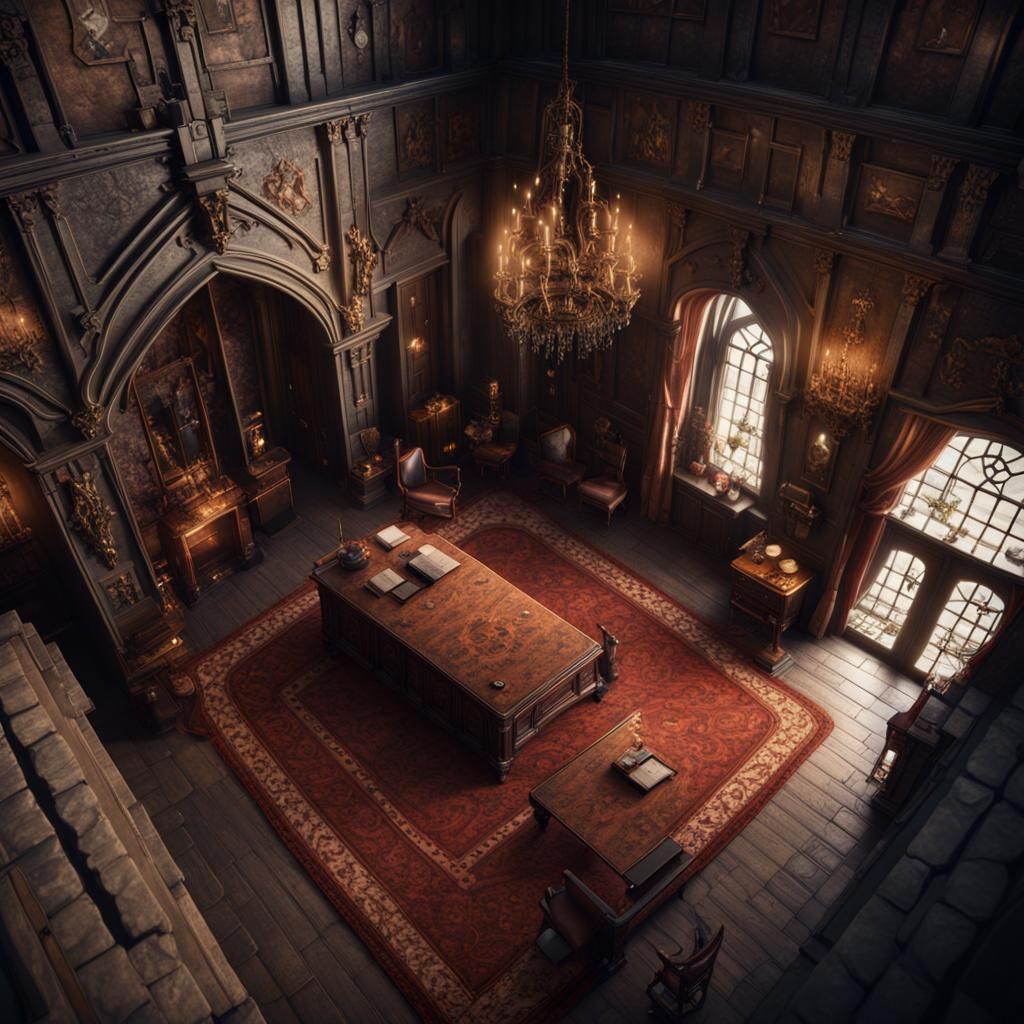 Detailed Castle Room, Top-Down View, Fantasy Concept Art