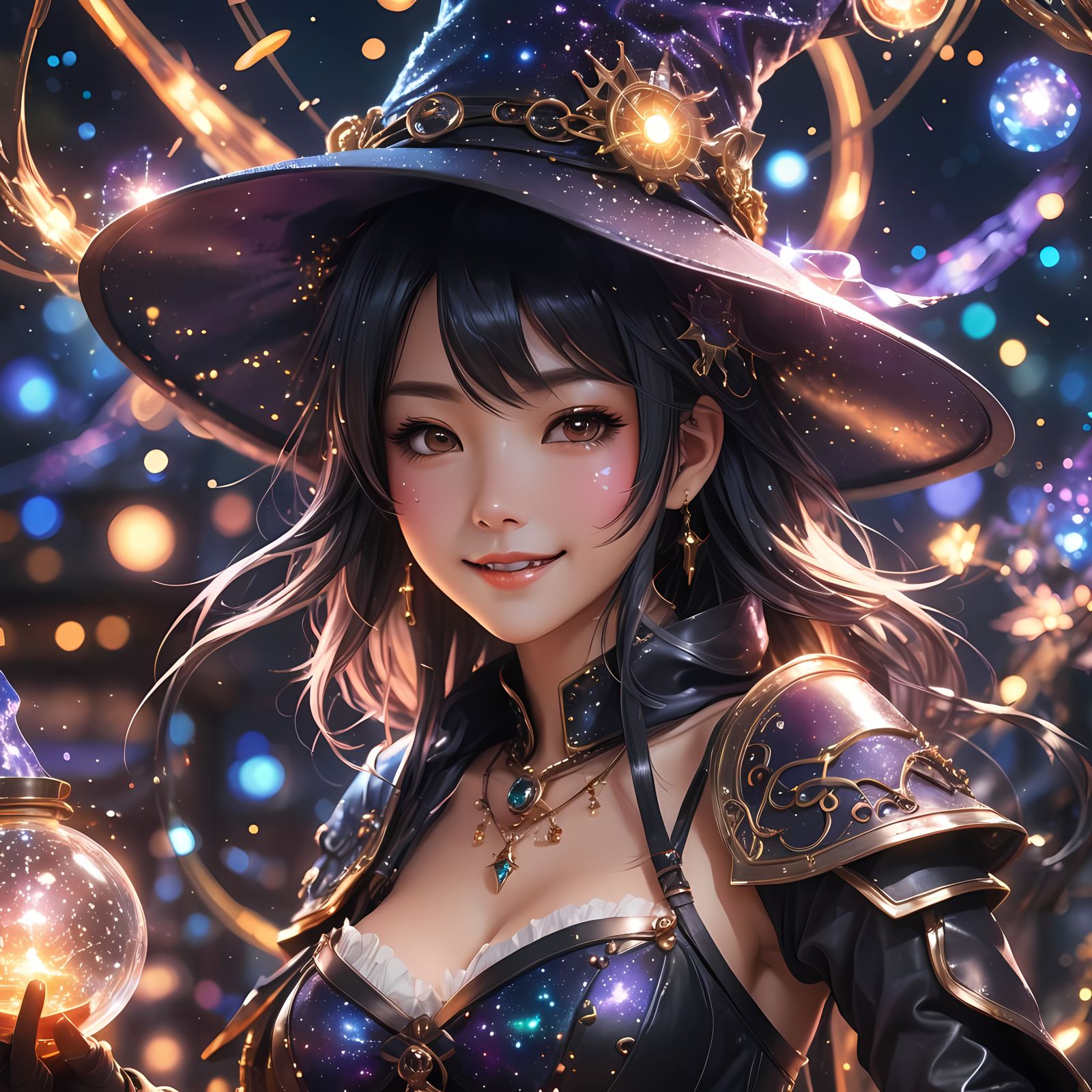 Anime Witch with Alchemy Background and Magical Sparkles