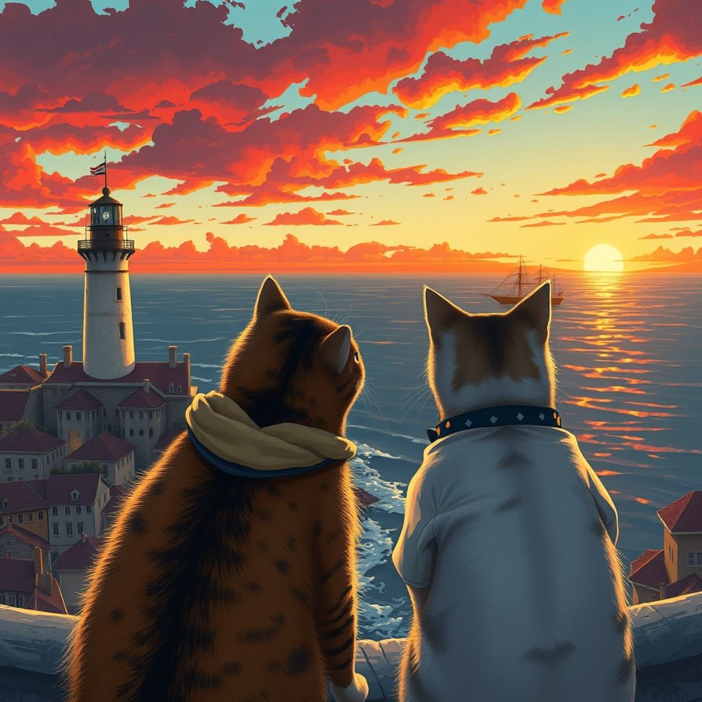 Cats Watching Seaside Sunset in Realistic Style