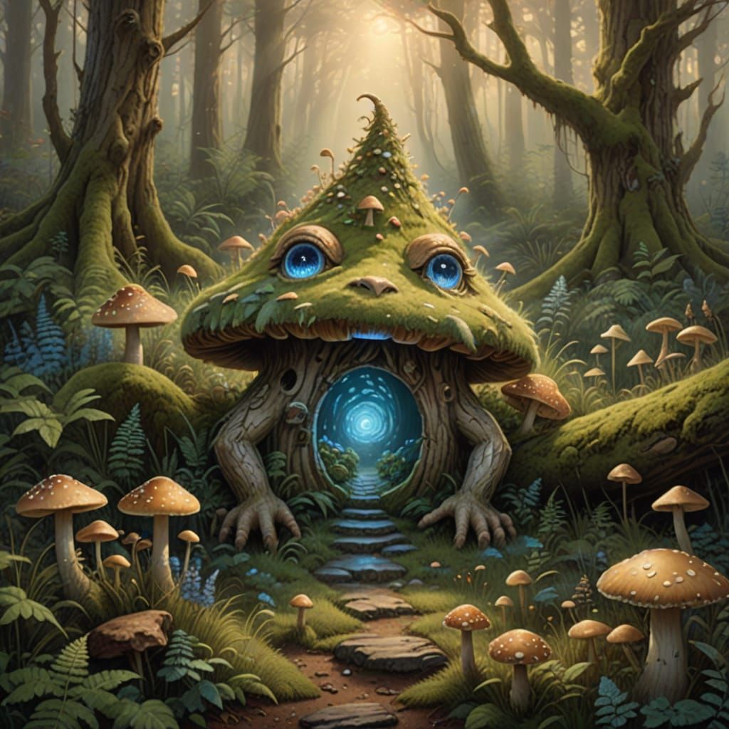 Wooden Troll in Misty Forest: Ethereal Fantasy Art
